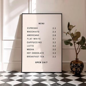 Kaffeekarte, Koffein-Liebhaber-Druck, moderne Küchendekoration, Wandkunst, gemütliches Cafe-Dekor, Coffee-Shop-Preisliste, digitaler Download