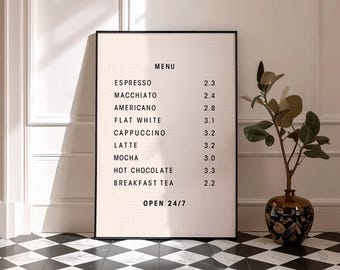 Coffee Menu Poster, Coffee Shop Board Print, Coffee Poster, Kitchen Decor, Cosy Cafe Decor, Coffee Shop Price List Poster, Digital Download