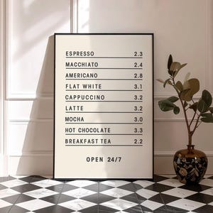Póster de menú de café, arte mural de café beige, decoración moderna y actual para el hogar y la cocina, póster con el precio del café, arte mural de café imprimible digitalmente.