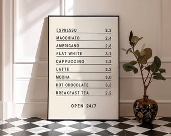 Coffee Board Menu Poster, Beige Coffee Wall Art, Modern Trendy Home & Kitchen Decor, Coffee Price Poster, Digital Printable Coffee Wall Art