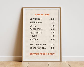 カフェメニューボードポスター、モダンでトレンディなキッチンデコレーション、レトロなオレンジ色のコーヒーショップ価格ウォールアート、デジタルダウンロード