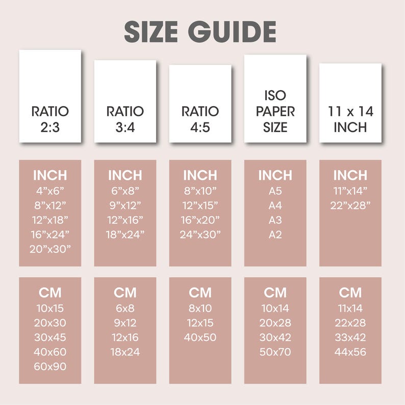 May include: A size guide chart for prints with different aspect ratios and sizes. The chart includes inch and centimeter measurements for each size. The chart also includes standard ISO paper sizes.