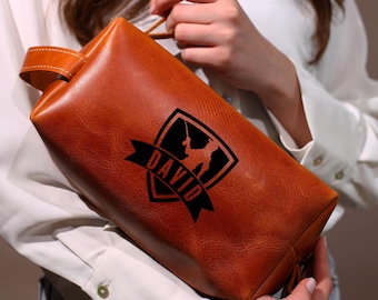 Customizable Leather Dopp Kit for Fishermen, Personalized Fishing Leather Toiletry Bag