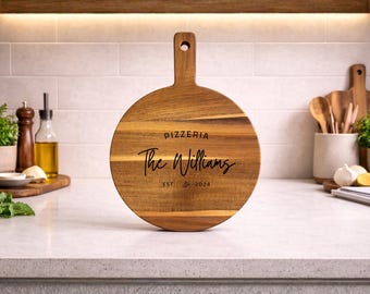 Personalized Pizza Board, Acacia Wood Serving Board, Custom Charcuterie Board, Engraved Wooden Pizza Peel, Kitchen Gift