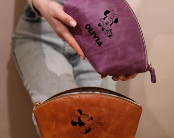 Trousse à maquillage personnalisée Disney, trousse à cosmétiques en cuir, cadeau d'anniversaire pour elle, trousse à maquillage personnalisée pour elle, cadeau trousse à cosmétiques pour femme