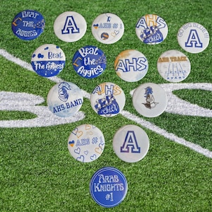 Custom Spirit Buttons, Birthday Buttons, Party Buttons, Name buttons, Custom photo buttons, Sports or Classroom award buttons, and more!