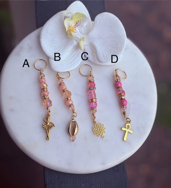 Pink Beaded Loc Jewelry Set – Gold Ankh, Cowrie Shell, Ballerina