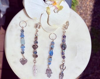 Blue Silver Loc Jewelry, Goddess, Heart, Feather, Hamsa Charms, Dreadlock Beads