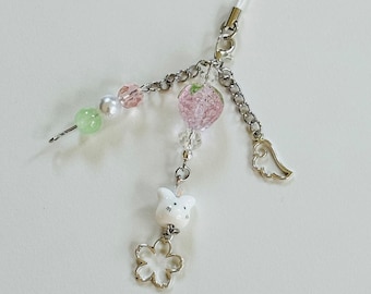 Abalorio para teléfono Kawaii Sakura: conejito, fresa y cuentas de cristal, accesorio Y2K
