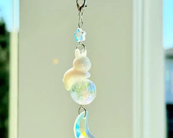 Kawaii Bunny Phone Charm: Crystal Moon Beaded Fuzzy Ball Wrist Strap