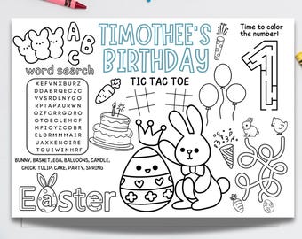 Página para colorear de cumpleaños de Pascua personalizada, hoja de actividades de Pascua para niños, conejito para colorear de cumpleaños, mantel individual para fiesta de primavera, niña y niño de Pascua
