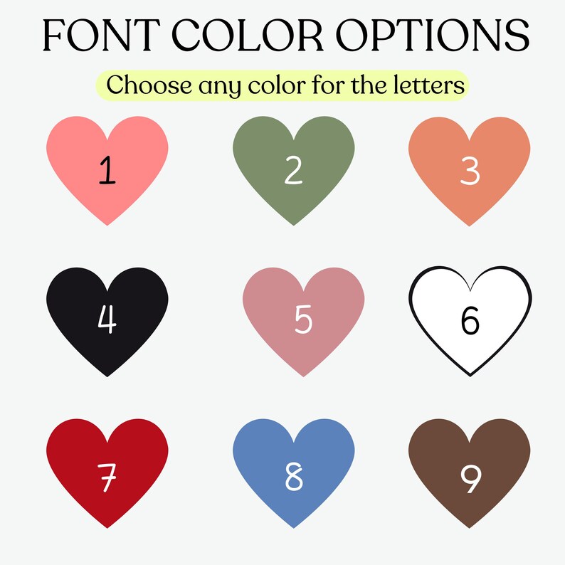 May include: Image showing font color options for letters. Nine heart shapes in various colors are displayed, each with a number from 1 to 9. The text "FONT COLOR OPTIONS" and "Choose any color for the letters" are at the top.