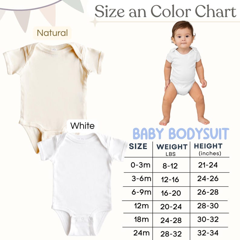 Puede incluir: Un body para beb&eacute; en colores natural y blanco. La imagen incluye una tabla de tallas y colores con talla, peso en libras y altura en pulgadas. La tabla va de 0-3 meses a 24 meses.