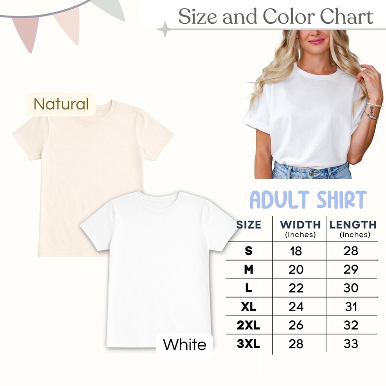Puede incluir: Se muestran dos camisetas, una natural y otra blanca. La camiseta blanca est&aacute; delante de la natural. Se muestra una tabla de tallas para camisas de adulto, con medidas en pulgadas para el ancho y el largo, desde la talla S hasta la 3XL.