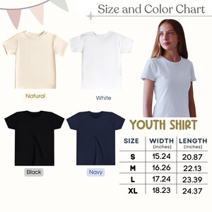 May include: A size and color chart for youth shirts. The chart displays shirts in natural, white, black, and navy. Measurements are provided in inches for sizes S, M, L, and XL. A young person is wearing a white shirt.