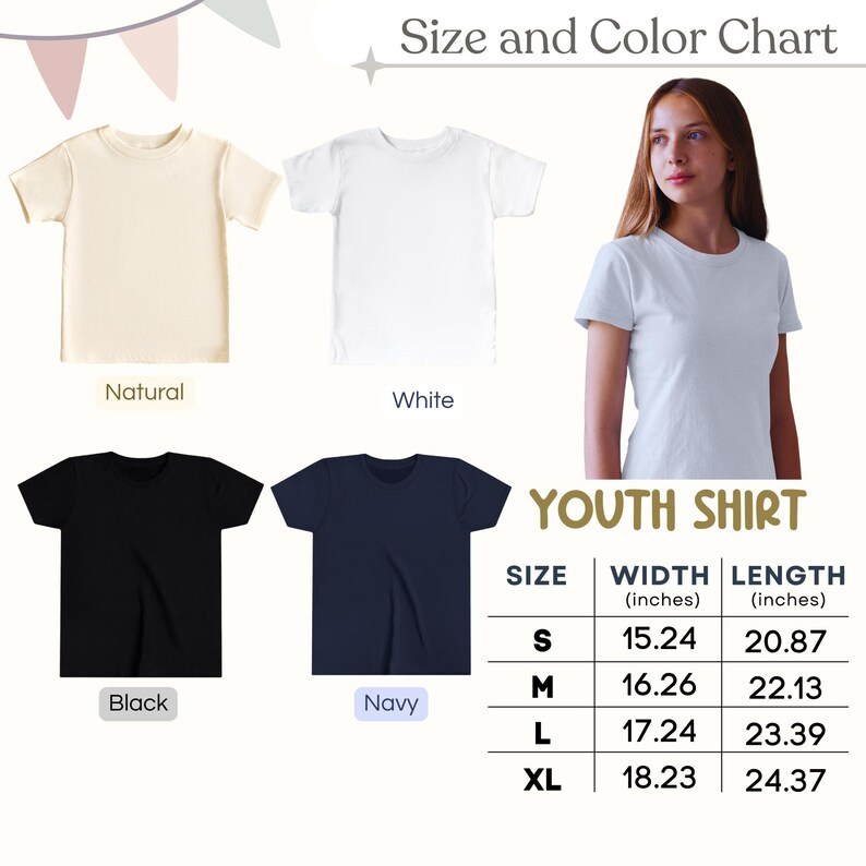 May include: A size and color chart for youth shirts. The chart displays shirts in natural, white, black, and navy. Measurements are provided in inches for sizes S, M, L, and XL. A young person is wearing a white shirt.