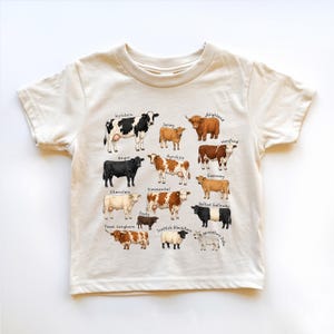 Könnte beinhalten: Ein cremefarbenes Kurzarm-T-Shirt mit einem Grafikdruck verschiedener Rinderrassen, darunter Holstein, Jersey, Highland, Hereford, Angus, Ayrshire, Charolais, Simmental, Guernsey, Dexter, Belted Galloway, Texas Longhorn, Scottish Blackface und Zebu.
