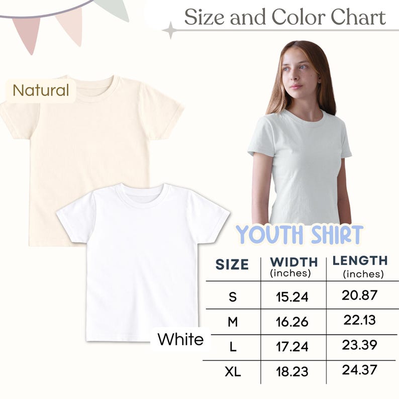 Puede incluir: Una camiseta juvenil blanca y color natural, con una tabla de tallas y colores. La tabla muestra las medidas en pulgadas para las tallas S, M, L y XL. Una persona lleva una camiseta blanca.