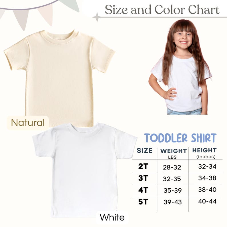 Puede incluir: Una camiseta para ni&ntilde;os peque&ntilde;os en colores natural y blanco. La imagen incluye una tabla de tallas y colores con medidas en pulgadas y libras. La tabla enumera las tallas 2T, 3T, 4T y 5T, con los rangos de peso y altura correspondientes.