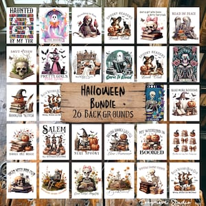 Könnte beinhalten: Eine Sammlung von 26 digitalen Hintergründen zum Thema Halloween. Jeder Hintergrund zeigt gruselige Illustrationen mit Text, darunter Geister, Skelette, Hexen und Kürbisse. Der Text enthält Sätze wie "Haunted by my TBR" und "Spooky Readers".