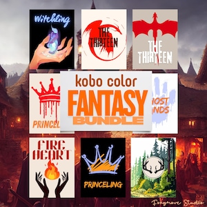 May include: A selection of fantasy book covers with diverse illustrations. One shows a hand with a glowing orb, others feature a red dragon, crowns, and text such as "The Thirteen" and "Princeling". A central banner displays "kobo color FANTASY BUNDLE".