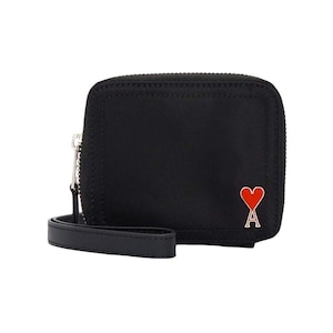 Alexandré Mattiussi AMI Paris Unisex Canvas Black Ami De Coeur Zip Wallet Pouch Cardholder With Strap With Tag Dustbag