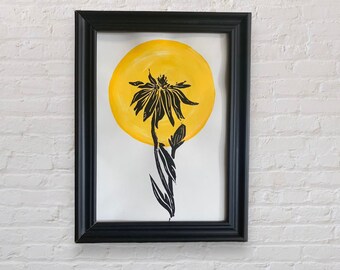 Floral linocut art print with painted sun- 5x7 art print- block print- flower- black- white- yellow- modern- hand printed- decor