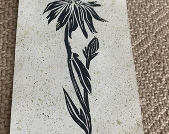 Floral linocut art print - 4x6 art print- block print- flower- black- white- green- modern- hand printed- decor