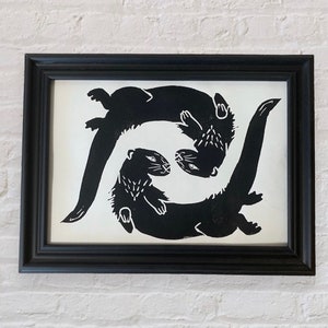 Otter linocut print -  hand printed- art - whimsical- 5x7