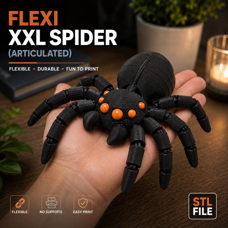 May include: A black articulated Flexi XXL Spider with orange accents is held in a hand. The spider has segmented legs and body. Text on the image reads "FLEXI XXL SPIDER (ARTICULATED)", "FLEXIBLE &bull; DURABLE &bull; FUN TO PRINT", and "STL FILE".