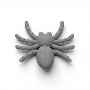 May include: A gray, 3D-printed spider model with segmented legs and a detailed body. The spider has eight legs and a rounded abdomen. The model is designed to be a decorative item or a toy.