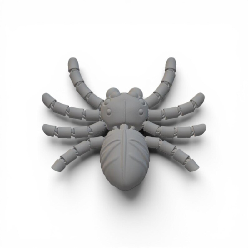 May include: A gray, 3D-printed spider model with segmented legs and a detailed body. The spider has eight legs and a rounded abdomen. The model is designed to be a decorative item or a toy.