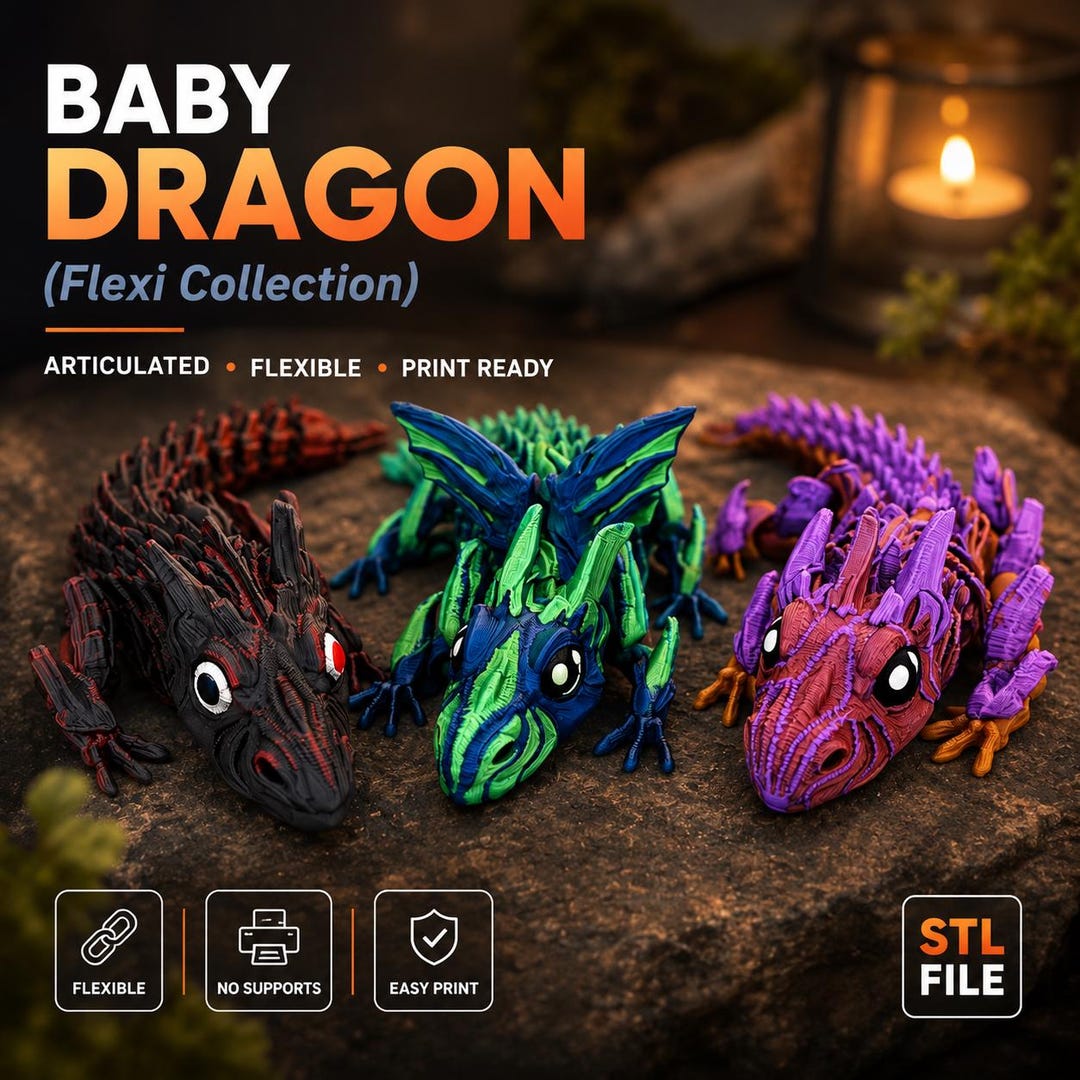 Baby Dragon STL Flexi Articulated Toy Print in Place Winged No Support ...