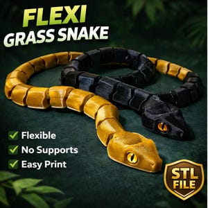 May include: Two articulated snake toys, one gold and one black, are displayed against a dark green background. The text "FLEXI GRASS SNAKE" is at the top. The image also includes the text "Flexible", "No Supports", "Easy Print", and an "STL FILE" logo.