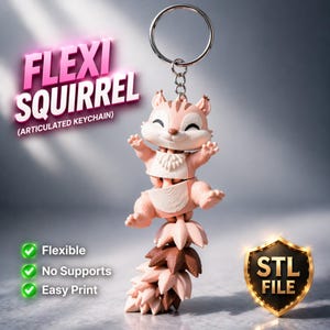 May include: A pink and brown articulated Flexi Squirrel keychain. The keychain features a smiling squirrel with its arms raised, connected to a flexible, layered tail. The text "FLEXI SQUIRREL" is displayed above the squirrel.