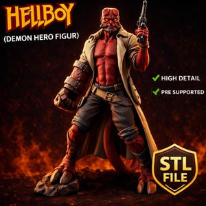 May include: A Hellboy figurine, a red-skinned demon hero, stands with a gun in hand. The figure wears a tan trench coat, dark pants, and a belt. The image includes text that says "Hellboy" and "(Demon Hero Figur)".