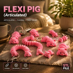 Flexi Pig STL gelede sleutelhanger Toy Print in Place Animal Fidget multi-formaat 3D