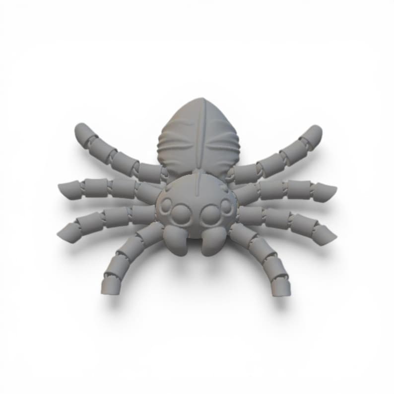 May include: A gray, 3D-printed spider figurine with segmented legs and a rounded body. The spider has multiple eyes and is set against a white background. The figurine is a detailed representation of an arachnid.