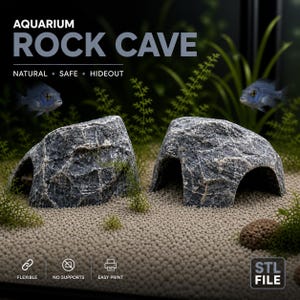 May include: Two gray rock cave aquarium decorations. The text "AQUARIUM ROCK CAVE" is at the top. The text "NATURAL • SAFE • HIDEOUT" is below. The text "FLEXIBLE", "NO SUPPORTS", and "EASY PRINT" are at the bottom. The STL FILE logo is on the bottom right.