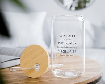 Psycho Shifter Can-Shaped Glass with Bamboo Lid and Straw, Cute Iced Coffee Cup, 16oz Glass, Gift for Her, Bookish Gifts, Bookworm Gift