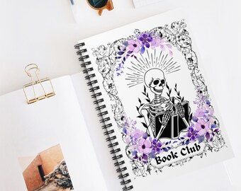 Skeleton Reading Book Spiral Notebook, Book Club Journal, Reading Journal, Book Lover Gifts, Bookish Gift, Gift for Her