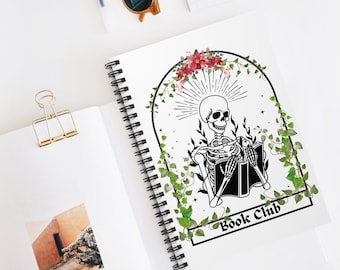 Skeleton Reading Book Spiral Notebook, Book Club Journal, Reading Journal, Book Lover Gifts, Bookish Gift, Gift for Her, Bookworm Notebook