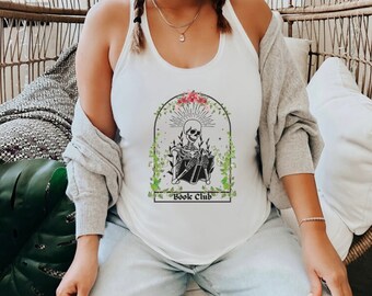 Book Club Skeleton Reading Book Racerback Tank | Unhinged Bookish Things | Steamy Romance Reader Tank Top | Gifts for Her | Women's Clothing