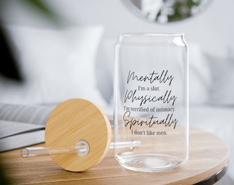 Psycho Shifter Bookish Glass with Bamboo Lid and Straw, Cute Iced Coffee Cup, 16oz Glass, Gift for Her, Bookish Gifts, Bookworm Gift