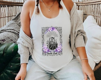 Purple Skeleton Reading Book Racerback Tank | Unhinged Bookish Things | Steamy Romance Reader Tank Top | Gift for Her | Romance Reader Gift