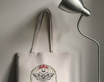 Moth Book Club Baumwollsegeltuch-Einkaufstasche, wiederverwendbare Einkaufstasche, Geschenke für Buchliebhaber, Geschenke für Buchklubs, Bibliotheksbuchtasche, Bookish Merch