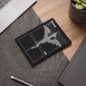 Può includere: Foglio di revisione stampabile in bianco e nero con un'illustrazione di drago. Il foglio ha sezioni per pensieri, pro e contro. Include anche una sezione di valutazione con cinque stelle.