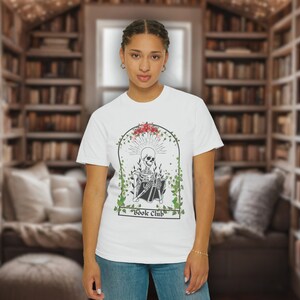 Bookish Skeleton Reading Tee, Unique Book Lover Gift, Unisex Garment-Dyed T-shirt, Cute Bookish Things, Bibliophile Apparel