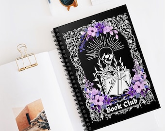 Skeleton Reading Book Black Spiral Notebook, Book Club Journal, Reading Journal, Book Lover Gifts, Bookish Gift, Gift for Her