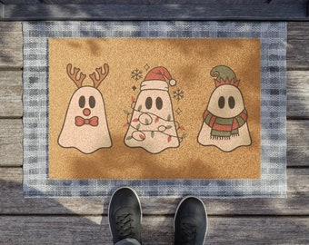 Cute Holiday Ghost Doormat, Outdoor Coir Mat, Holiday Outdoor Decor, Christmas Ghost Doormat